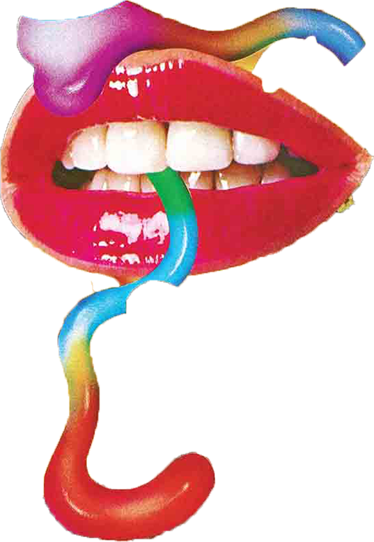 a mouth with red lipstick and a colorful tendril emerging