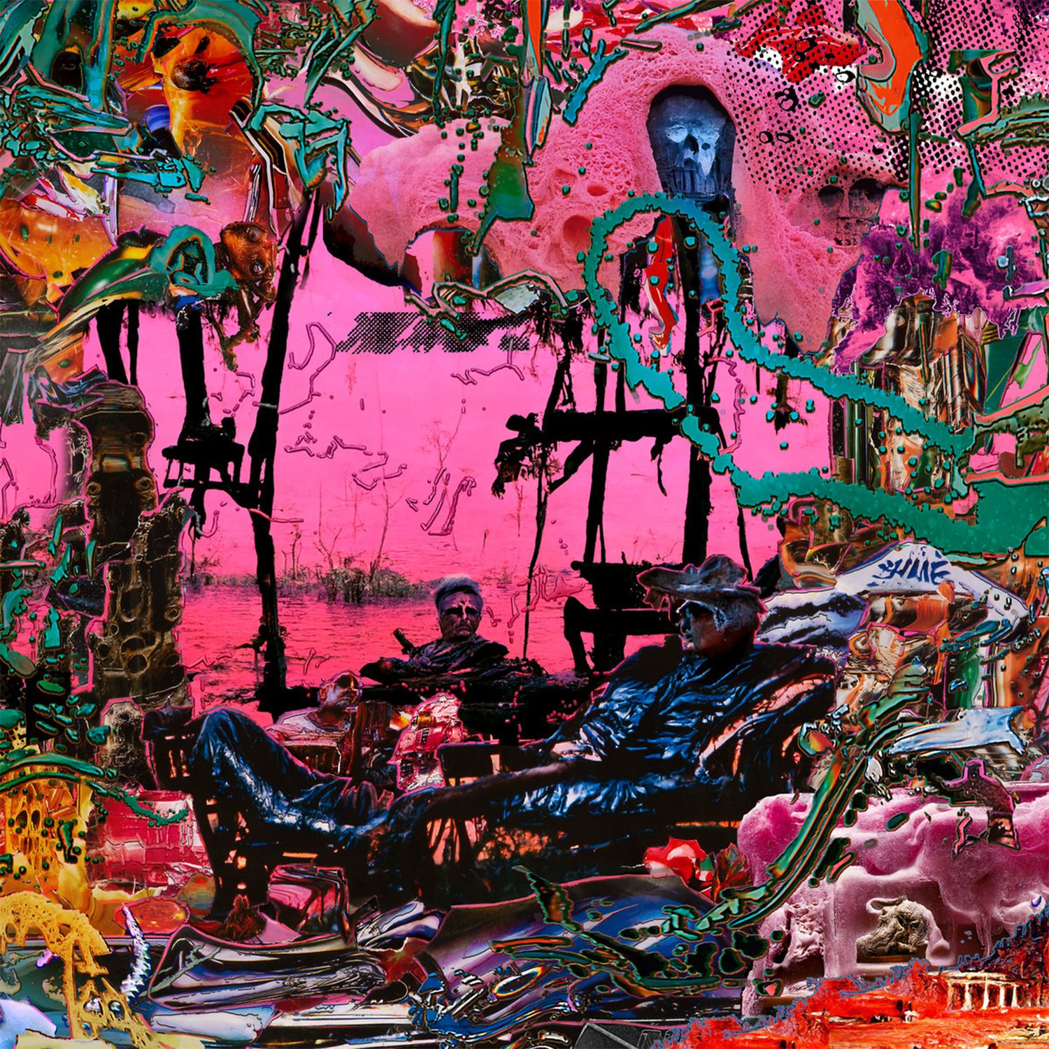 a splattered pink jumble of bizarre figures and abstract imagery