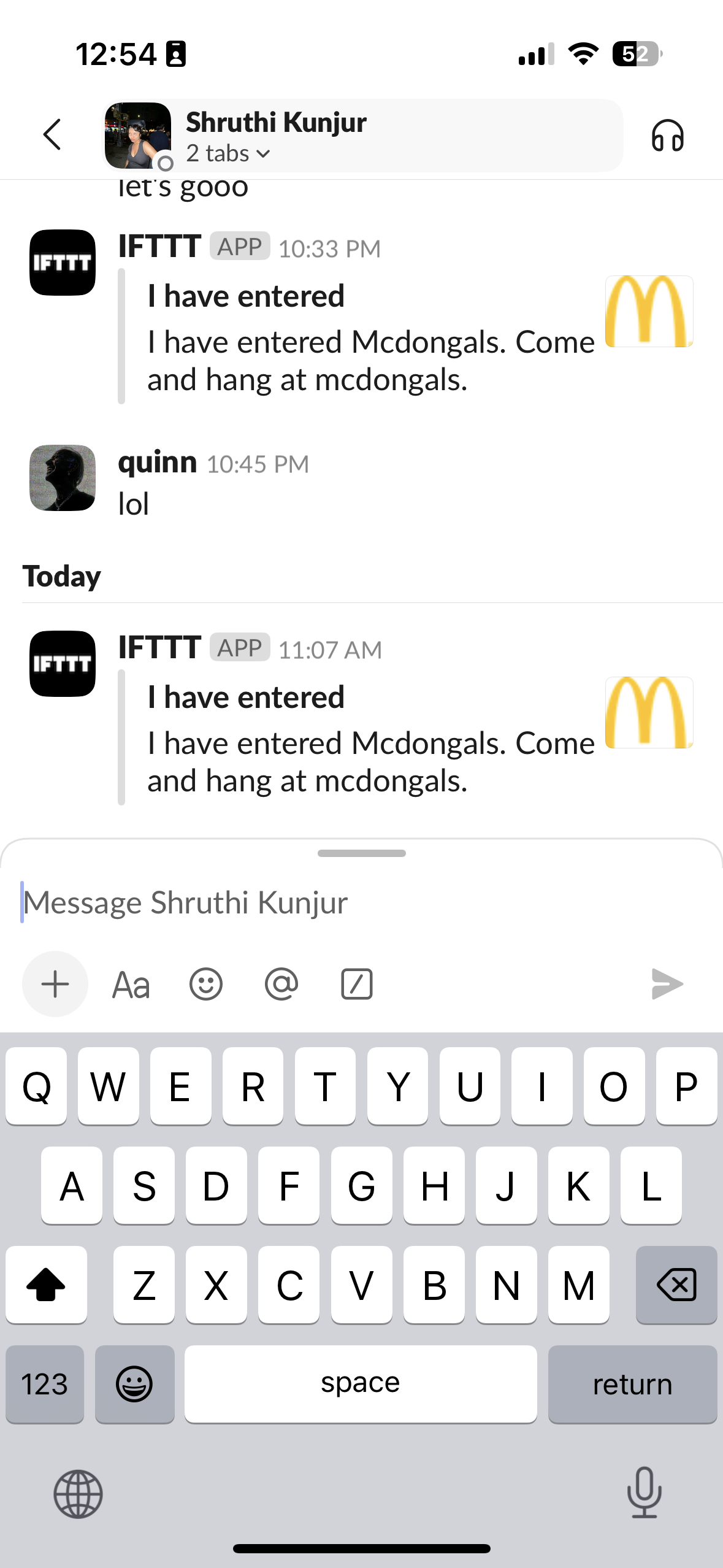 A screenshot of Slack messages between two friends demonstrating the applet's functionality.