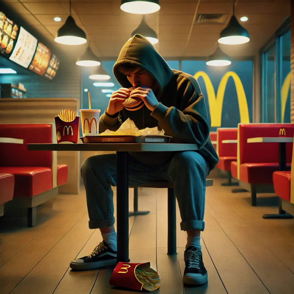 A person sitting alone in a McDonald's restaurant,  eating a burger and fries. They appear sad, with a slouched posture and a distant gaze,  wearing a casual hoodie and jeans. The setting features McDonald's signature red and yellow decor,  bright fluorescent lighting, and a partially eaten meal on the table.  The atmosphere feels quiet and empty, contrasting with the typically lively  environment of the fast-food chain.